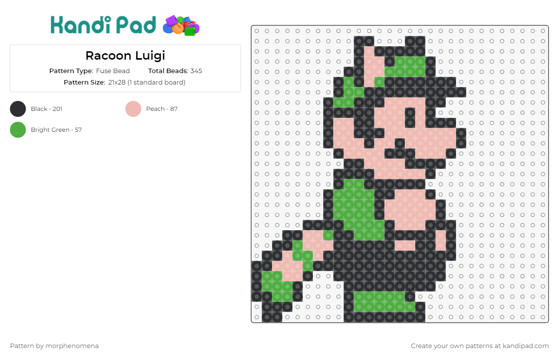 Racoon Luigi - Fuse Bead Pattern by morphenomena on Kandi Pad - mario,luigi,raccoon,nintendo,video games