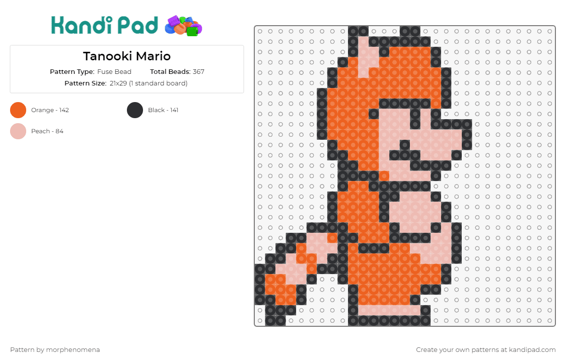 Tanooki Mario - Fuse Bead Pattern by morphenomena on Kandi Pad - mario,tanookie,raccoon,nintendo,video games