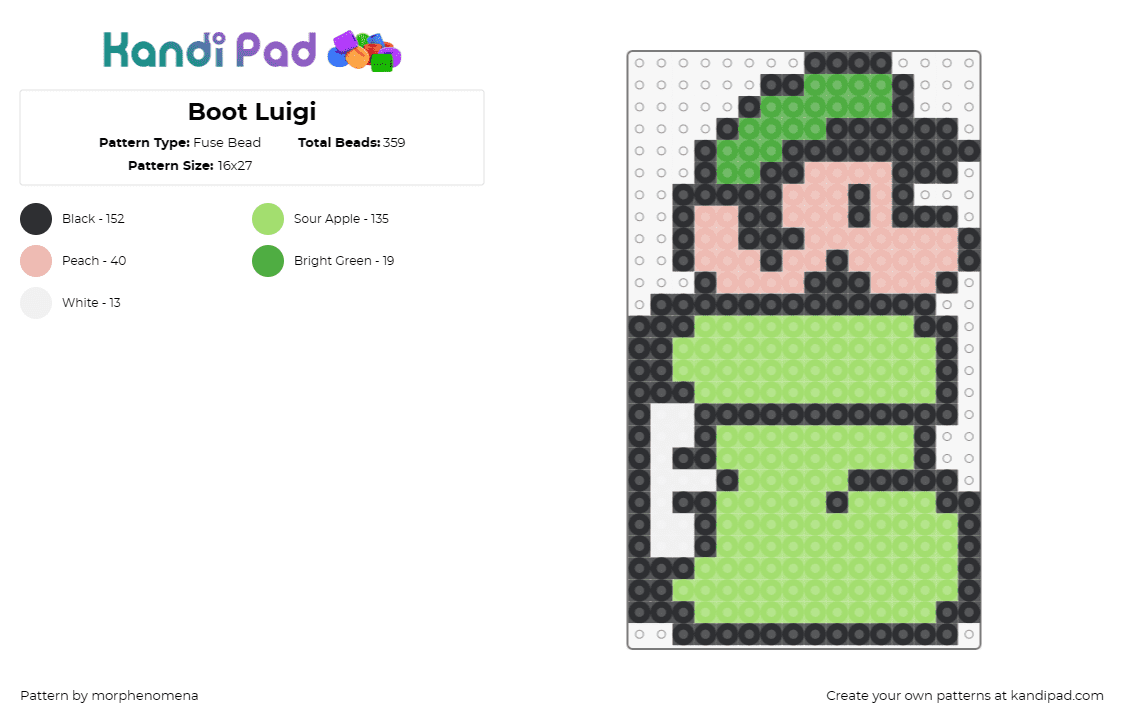 Boot Luigi - Fuse Bead Pattern by morphenomena on Kandi Pad - mario,luigi,boot,nintendo,video games