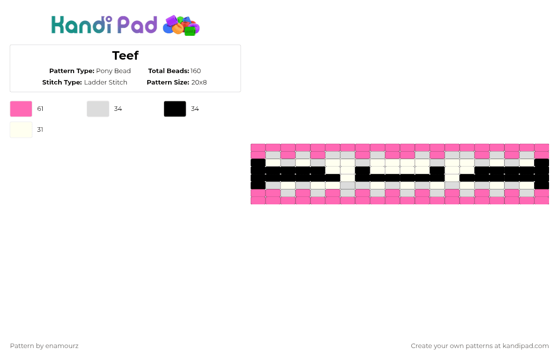 Teef - Pony Bead Pattern by enamourz on Kandi Pad - pink,white