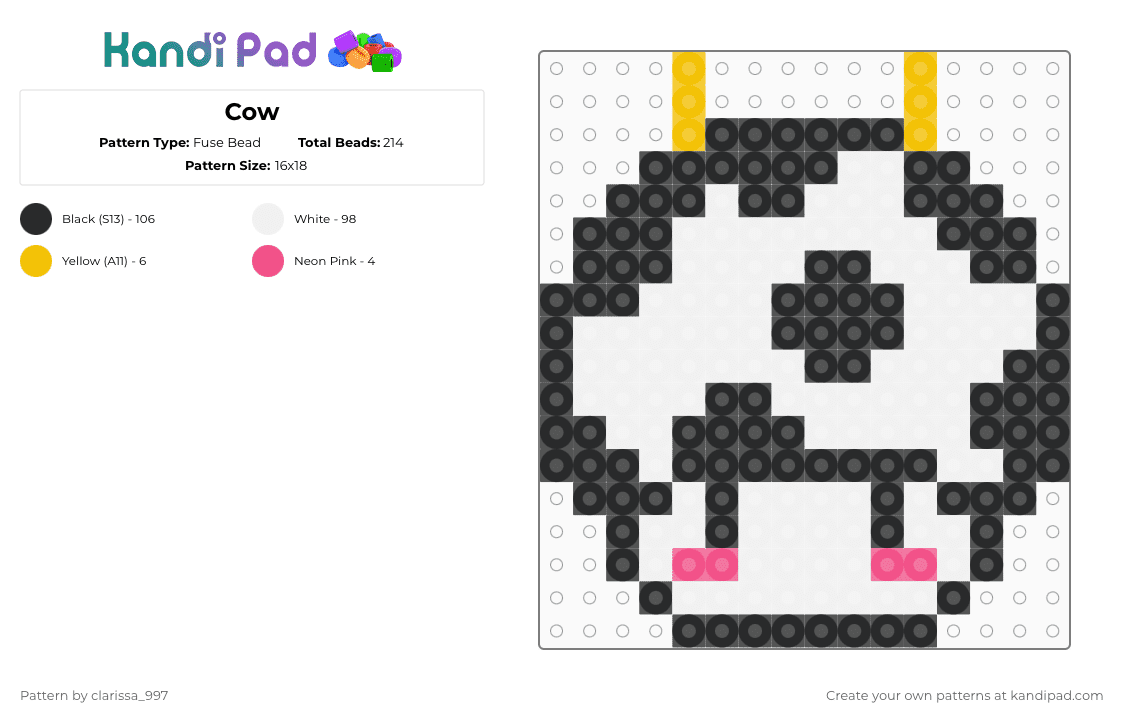 Cow - Fuse Bead Pattern by clarissa_997 on Kandi Pad - white,pink,yellow