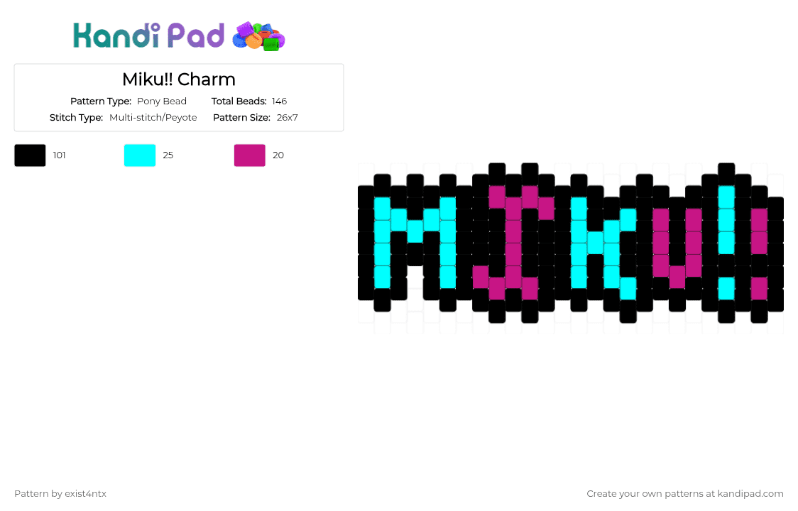 Miku!! Charm - Pony Bead Pattern by exist4ntx on Kandi Pad - black,light blue,pink