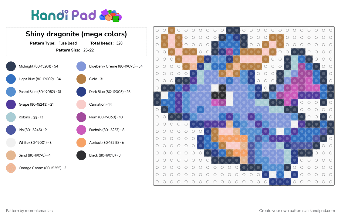 Shiny dragonite (mega colors) - Fuse Bead Pattern by moronicmaniac on Kandi Pad - blue, custom, light blue, pokemon, purple, shiny, shiny pokemon
