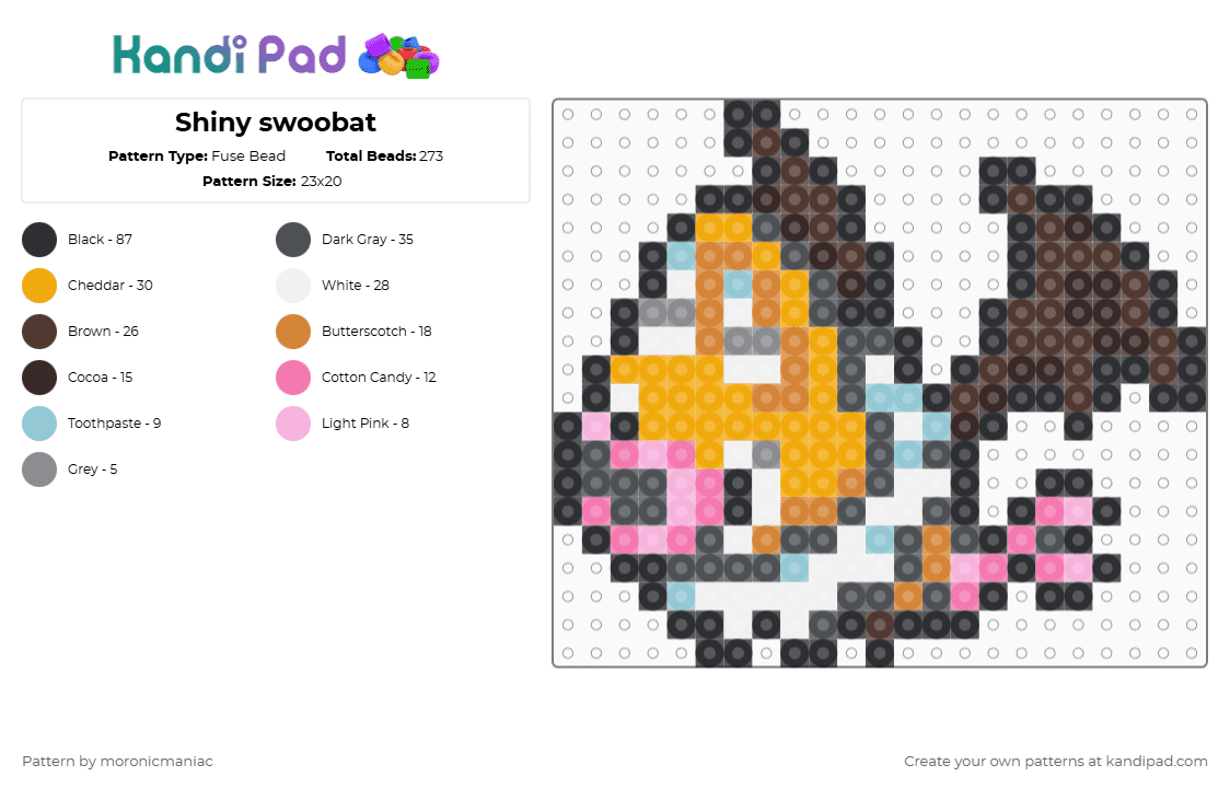 Shiny swoobat - Fuse Bead Pattern by moronicmaniac on Kandi Pad - gray,brown,orange,pokemon,shiny pokemon,shiny,unova,pokemon black and white,bat
