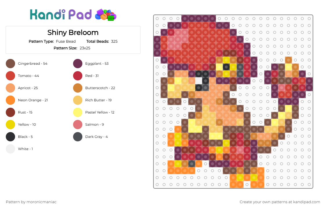 Shiny Breloom - Fuse Bead Pattern by moronicmaniac on Kandi Pad - pink,tan,orange,red,shiny,shiny pokemon,pokemon,hoenn,pokemon ruby,mushroom
