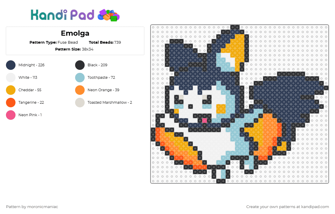 Emolga - Fuse Bead Pattern by moronicmaniac on Kandi Pad - purple,orange,pokemon,pokemon black and white,unova,flying squirrel