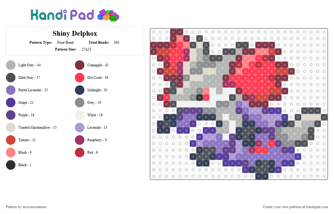 Shiny Delphox - Fuse Bead Pattern by moronicmaniac on Kandi Pad - purple,gray,red,beige,pokemon,shiny pokemon,kalos,gen 6,pokemon xy