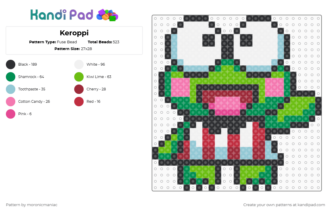 Keroppi - Fuse Bead Pattern by moronicmaniac on Kandi Pad - green,sanrio,keroppi,froggy