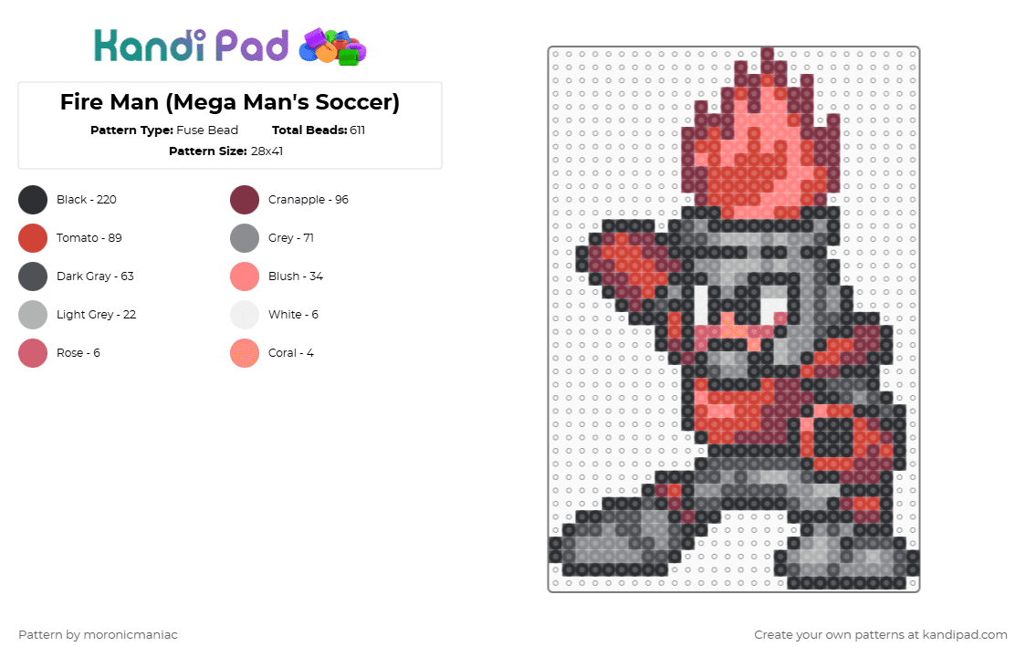 Fire Man (Mega Man\'s Soccer) - Fuse Bead Pattern by moronicmaniac on Kandi Pad - red,brown,gray,mega man,megaman