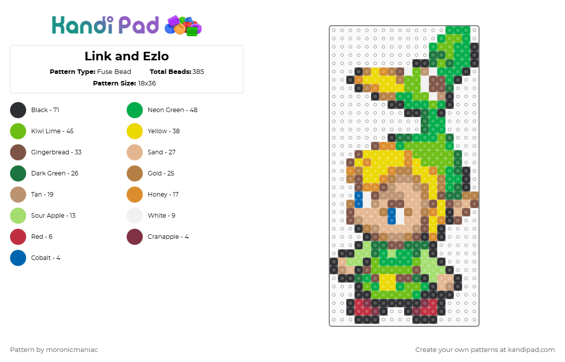 Link and Ezlo - Fuse Bead Pattern by moronicmaniac on Kandi Pad - green,yellow,tan,beige,the legend of zelda,tloz,minish cap,toon link