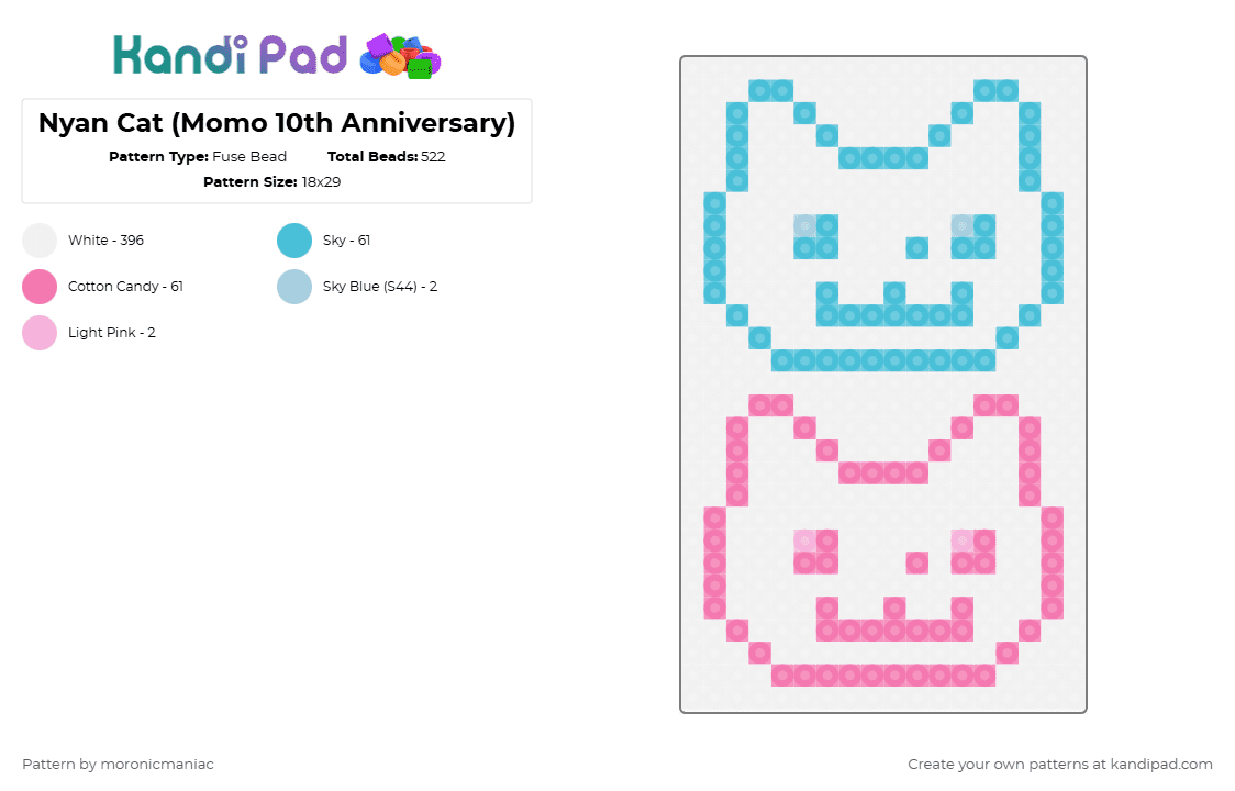 Nyan Cat (Momo 10th Anniversary) - Fuse Bead Pattern by moronicmaniac on Kandi Pad - white,light blue,pink,nyan cat,hatsune miku,momone momo,vocaloid,music,internet,meme