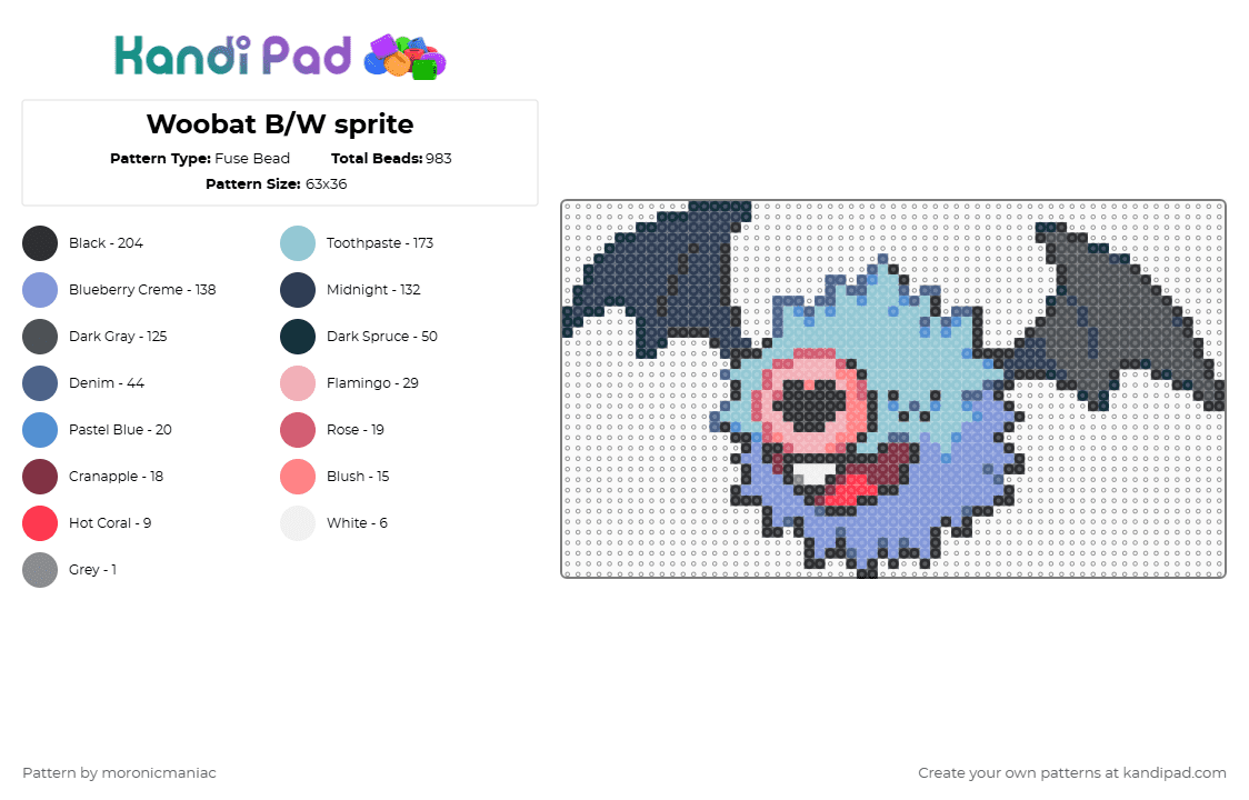 Woobat B/W sprite - Fuse Bead Pattern by moronicmaniac on Kandi Pad - purple,gray,light blue,pokemon,pokemon black and white,unova,bat,fluffy