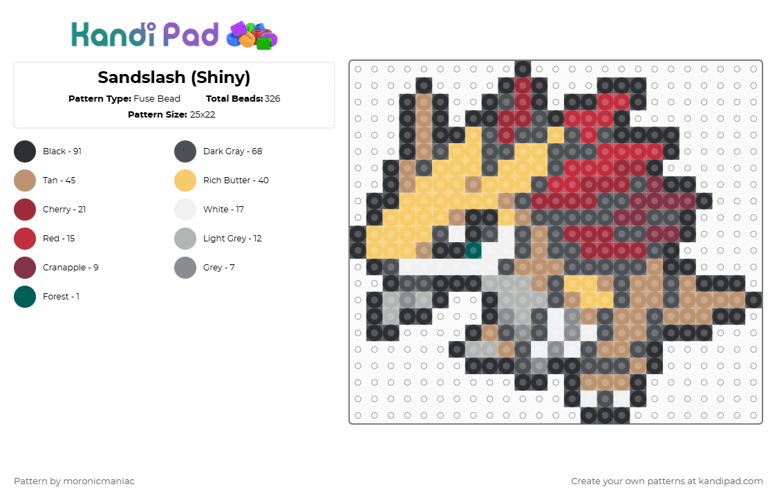 Sandslash (Shiny) - Fuse Bead Pattern by moronicmaniac on Kandi Pad - gray,beige,pokemon,shiny,kanto