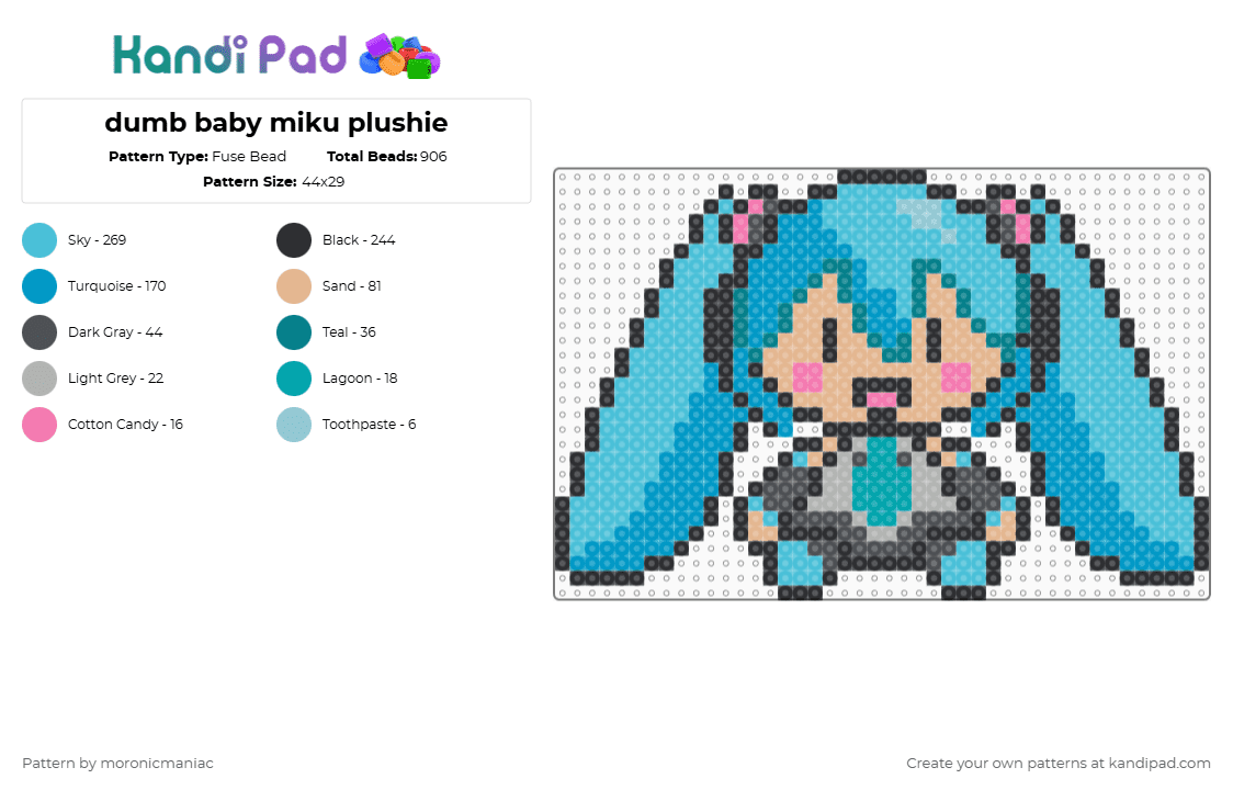dumb baby miku plushie - Fuse Bead Pattern by moronicmaniac on Kandi Pad - light blue,miku,hatsune miku,vocaloid,plush