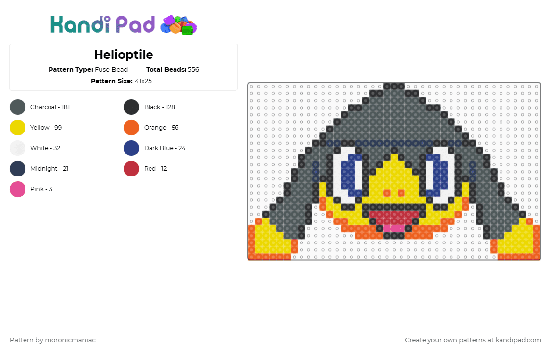 Helioptile - Fuse Bead Pattern by moronicmaniac on Kandi Pad - pink,yellow,pokemon,pokemon xy,lizard,electric,silly