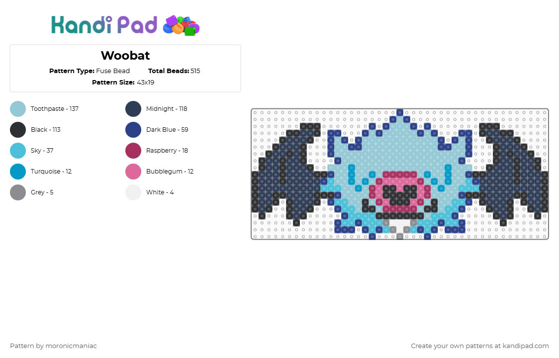 Woobat - Fuse Bead Pattern by moronicmaniac on Kandi Pad - light blue,purple,pokemon,unova,bat