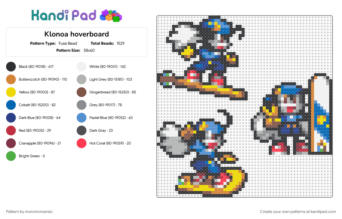 Klonoa hoverboard - Fuse Bead Pattern by moronicmaniac on Kandi Pad - black, blue, character, colorful, gaming, gray, klonoa, namco, orange
