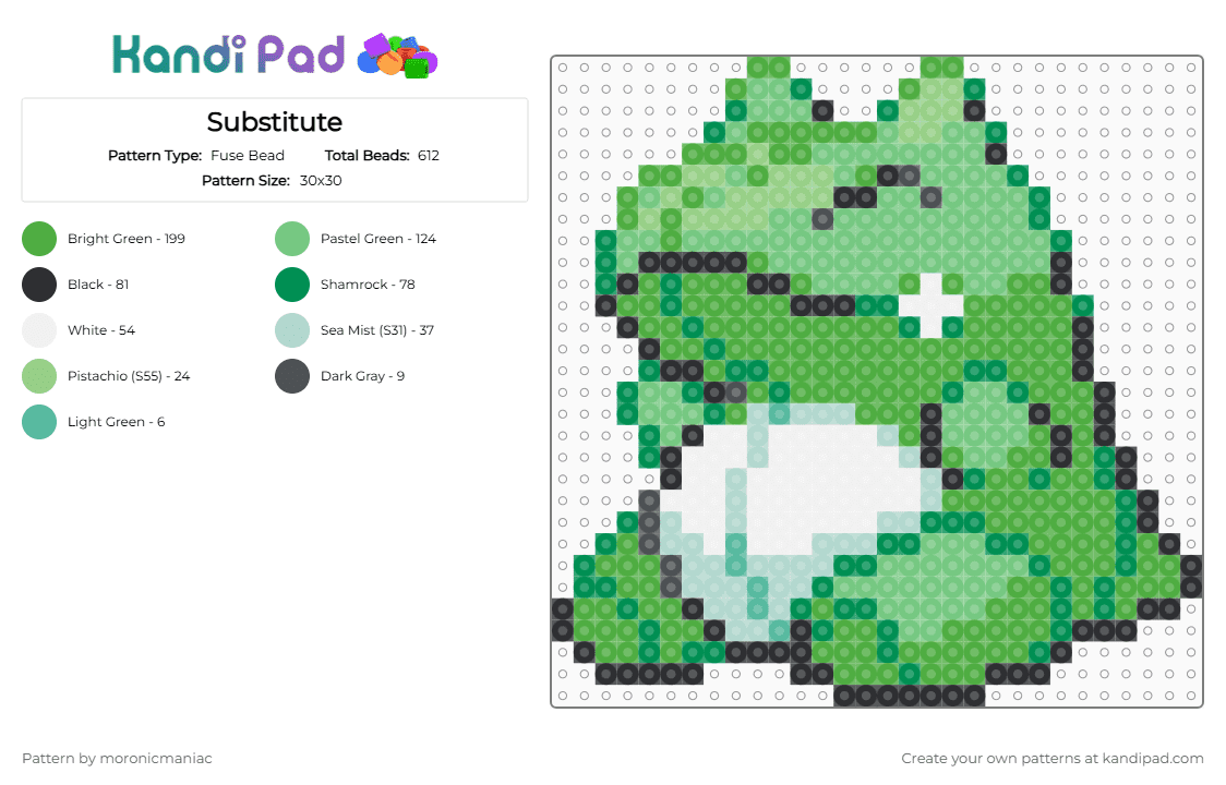 Substitute - Fuse Bead Pattern by moronicmaniac on Kandi Pad - green,teal,pokemon,plush