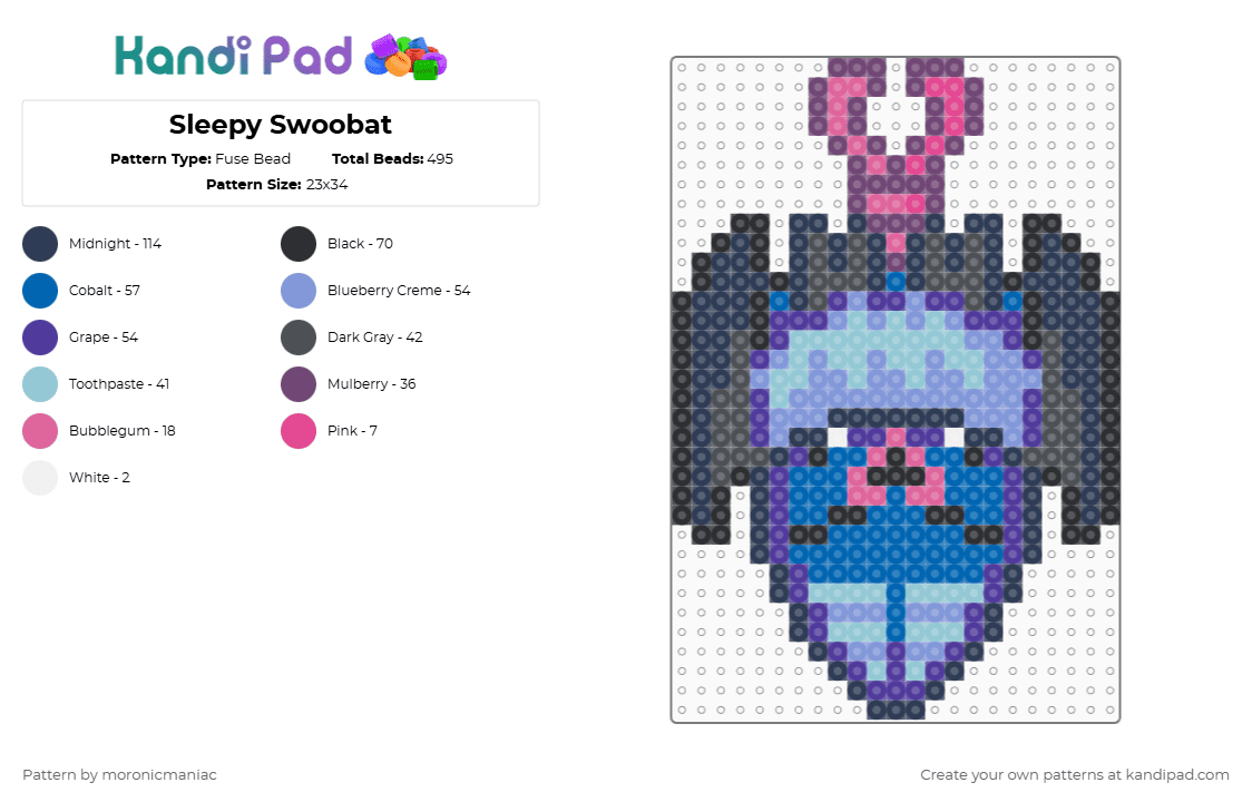 Sleepy Swoobat - Fuse Bead Pattern by moronicmaniac on Kandi Pad - purple,light blue,pokemon,unova,bat,sleepy