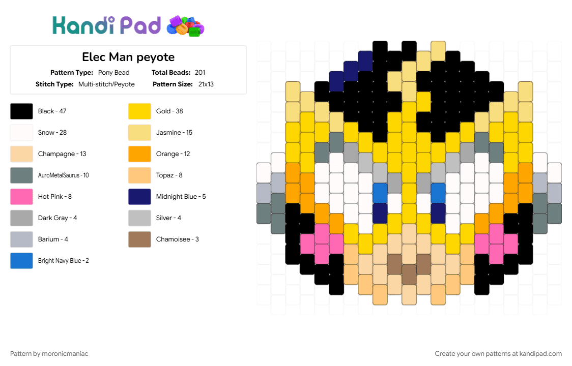 Elec Man peyote - Pony Bead Pattern by moronicmaniac on Kandi Pad - beige, capcom, character, gaming, mega man, megaman, orange, robot, yellow