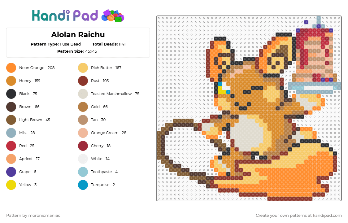 Alolan Raichu - Fuse Bead Pattern by moronicmaniac on Kandi Pad - orange,red,yellow,beige,pokemon,raichu,alola,pancakes