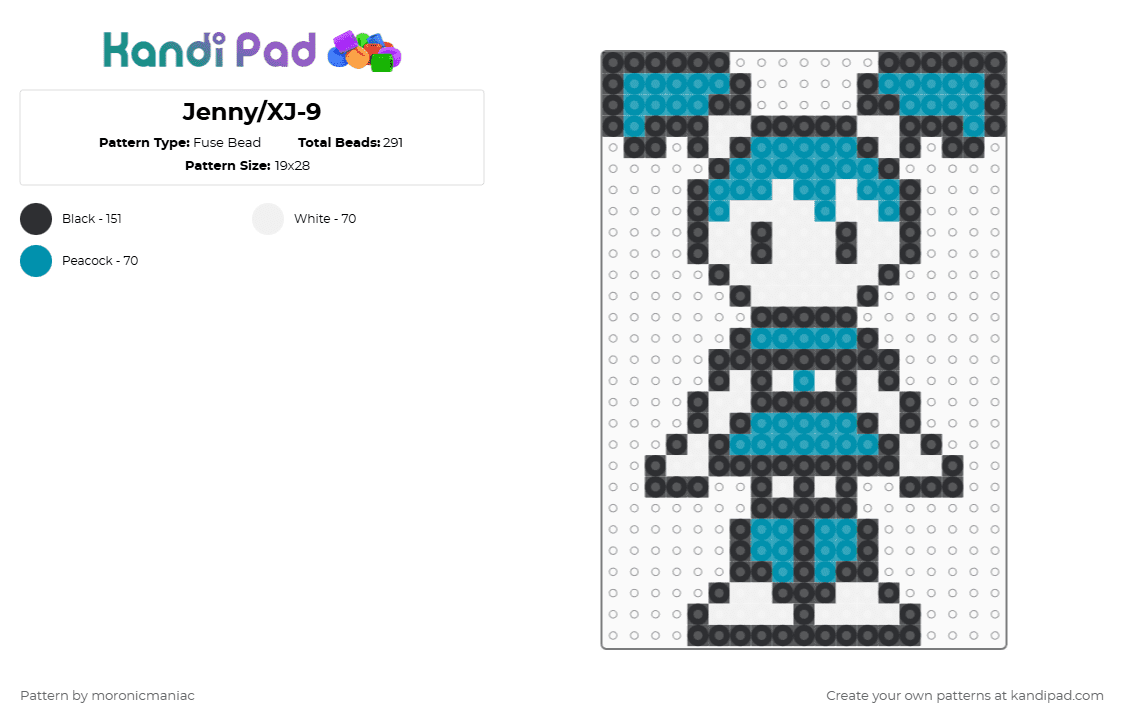 Jenny/XJ-9 - Fuse Bead Pattern by moronicmaniac on Kandi Pad - white,teal,my life as a teenage robot,nicktoons,character,cartoon,robot