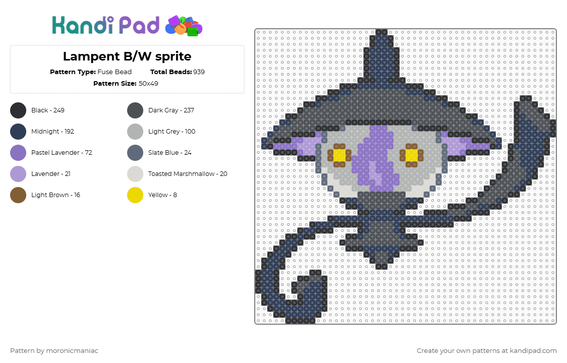 Lampent B/W sprite - Fuse Bead Pattern by moronicmaniac on Kandi Pad - purple,gray,beige,pokemon,pokemon black and white,spooky,ghost,unova