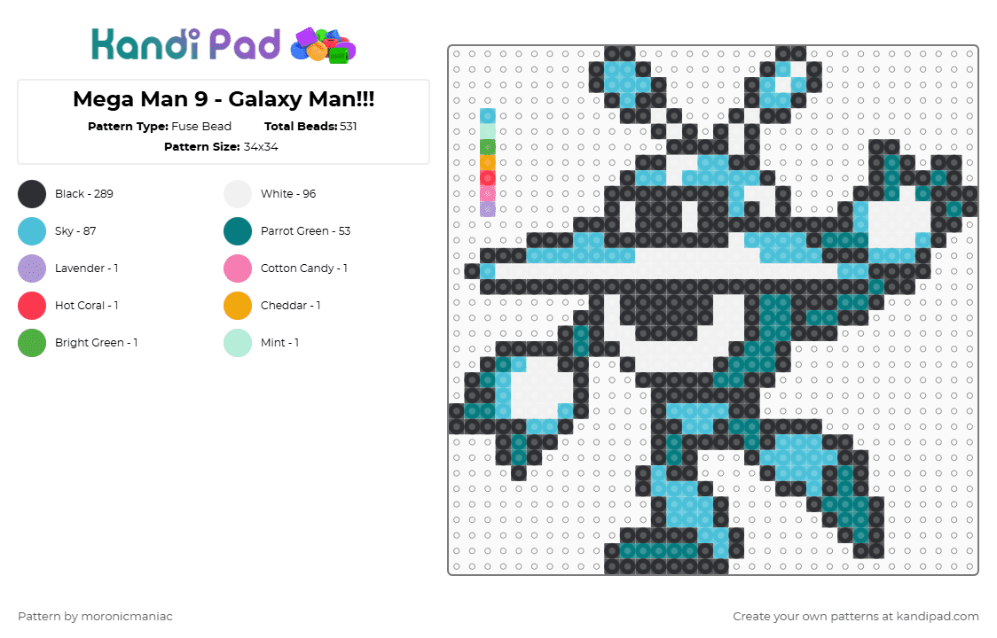 Mega Man 9 - Galaxy Man!!! - Fuse Bead Pattern by moronicmaniac on Kandi Pad - black,white,teal,light blue,mega man,mega man 9,ufo,cosmic