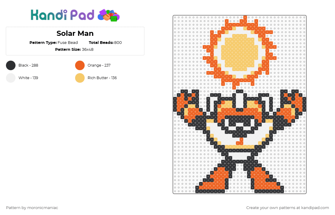 Solar Man - Fuse Bead Pattern by moronicmaniac on Kandi Pad - orange,yellow,mega man,mega man 10,robot,sun