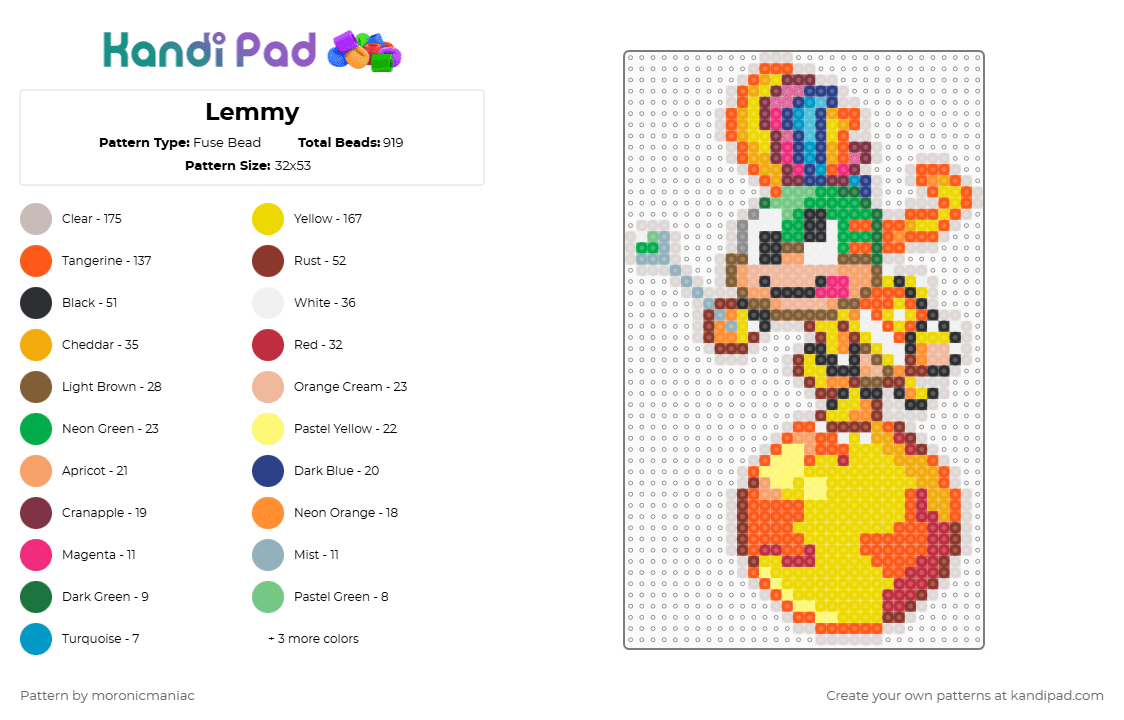 Lemmy - Fuse Bead Pattern by moronicmaniac on Kandi Pad - beige, koopaling, mario, nintendo, orange, red, super mario, turtle, yellow