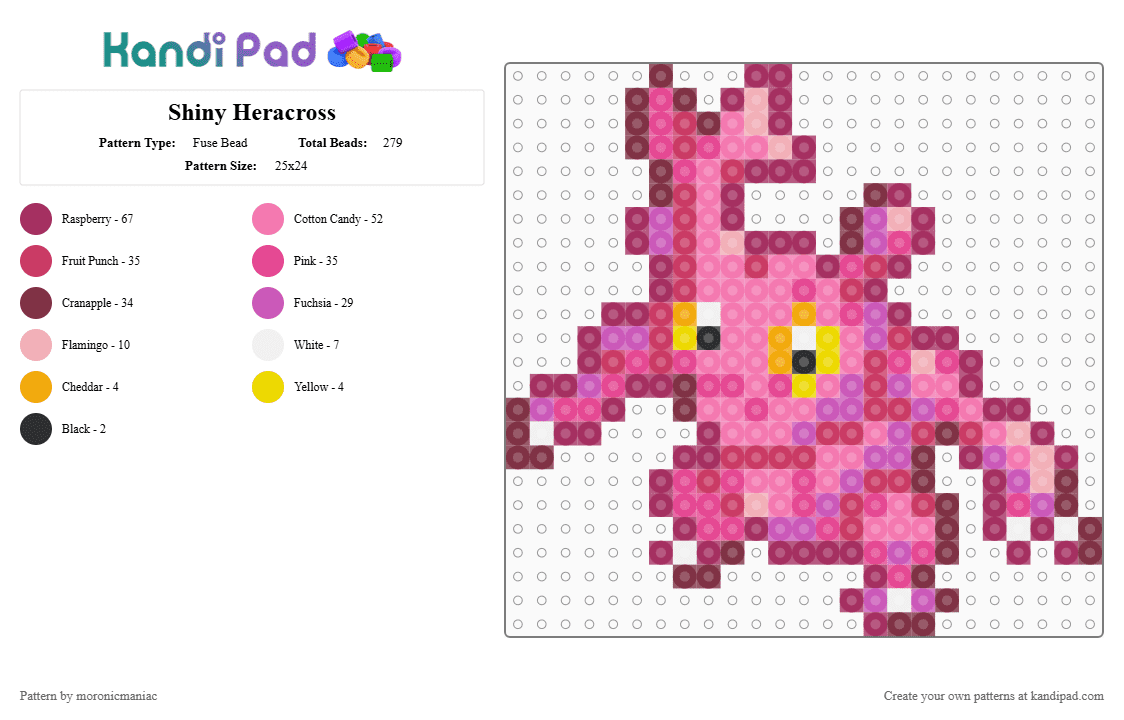 Shiny Heracross - Fuse Bead Pattern by moronicmaniac on Kandi Pad - beetle, bug, gen 2, johto, pink, pokemon, pokemon silver, shiny pokemon