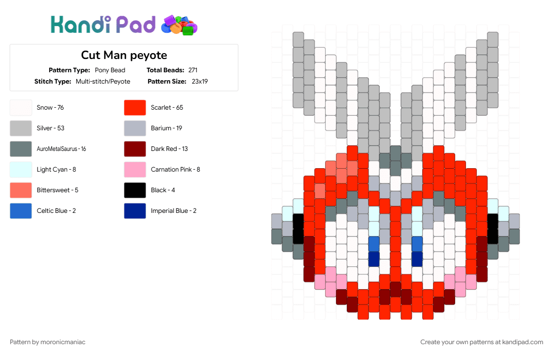 Cut Man peyote - Pony Bead Pattern by moronicmaniac on Kandi Pad - beige, capcom, character, cute, gaming, mega man, megaman, red