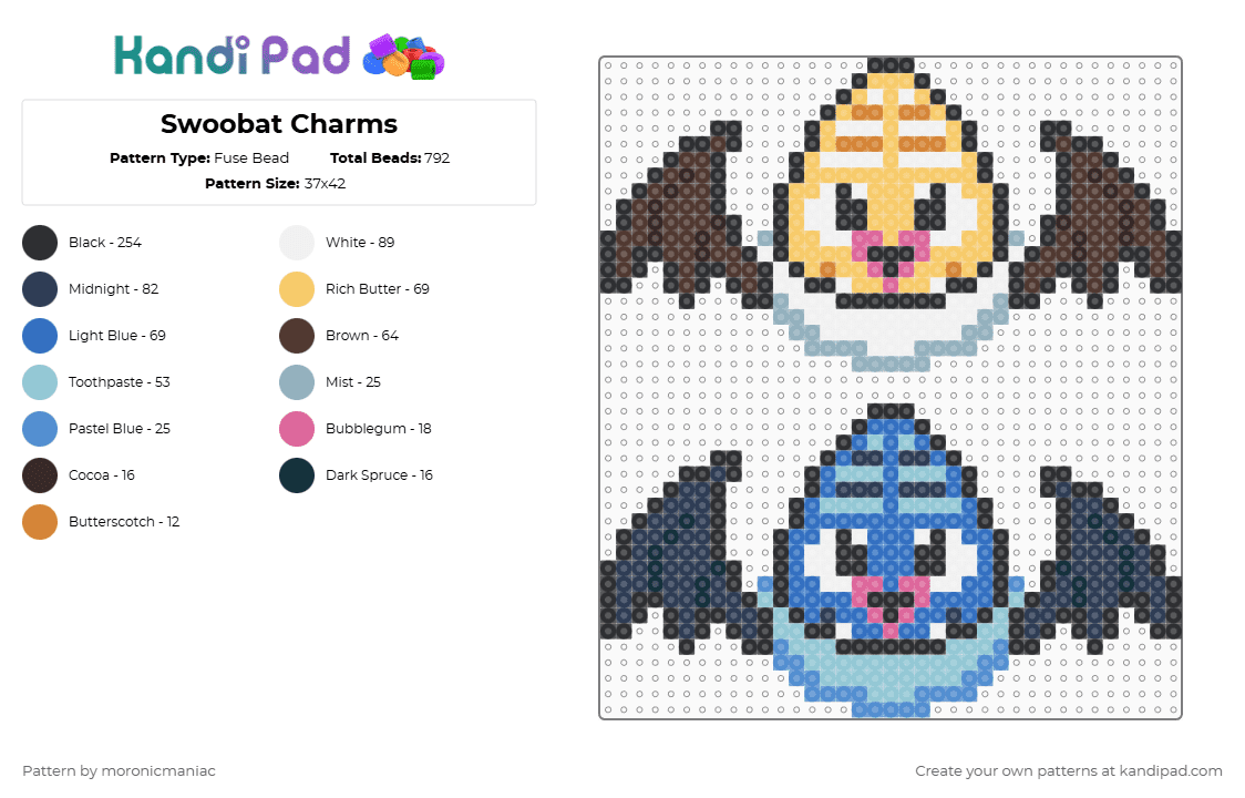 Swoobat Charms - Fuse Bead Pattern by moronicmaniac on Kandi Pad - brown,blue,purple,colorful,pokemon,unova,bat,pokemon black and white