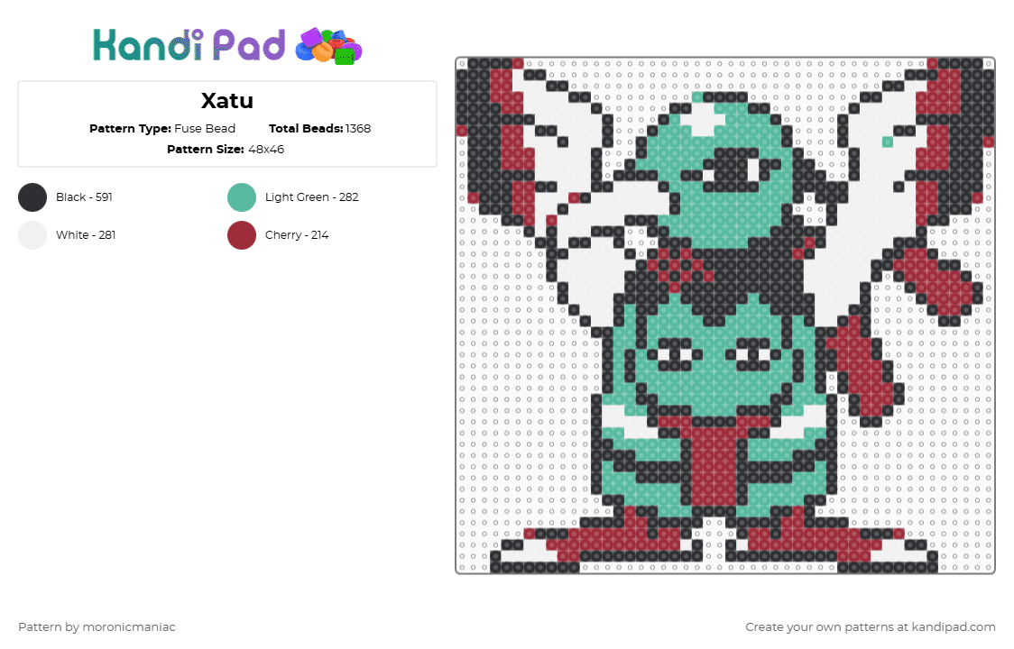 Xatu - Fuse Bead Pattern by moronicmaniac on Kandi Pad - red,teal,pokemon,bird