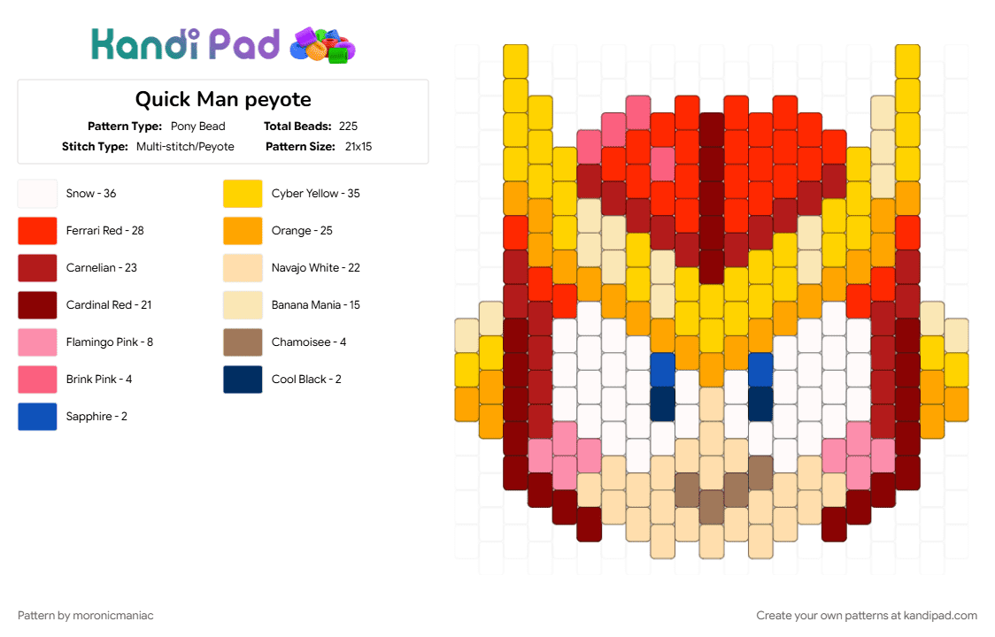 Quick Man peyote - Pony Bead Pattern by moronicmaniac on Kandi Pad - beige, capcom, character, gaming, mega man, megaman, orange, red, robot, yellow