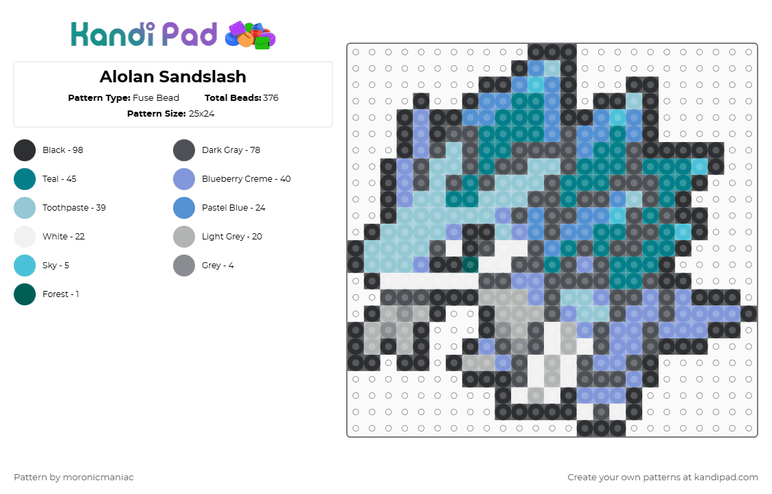 Alolan Sandslash - Fuse Bead Pattern by moronicmaniac on Kandi Pad - gray,light blue,pokemon,alola,ice