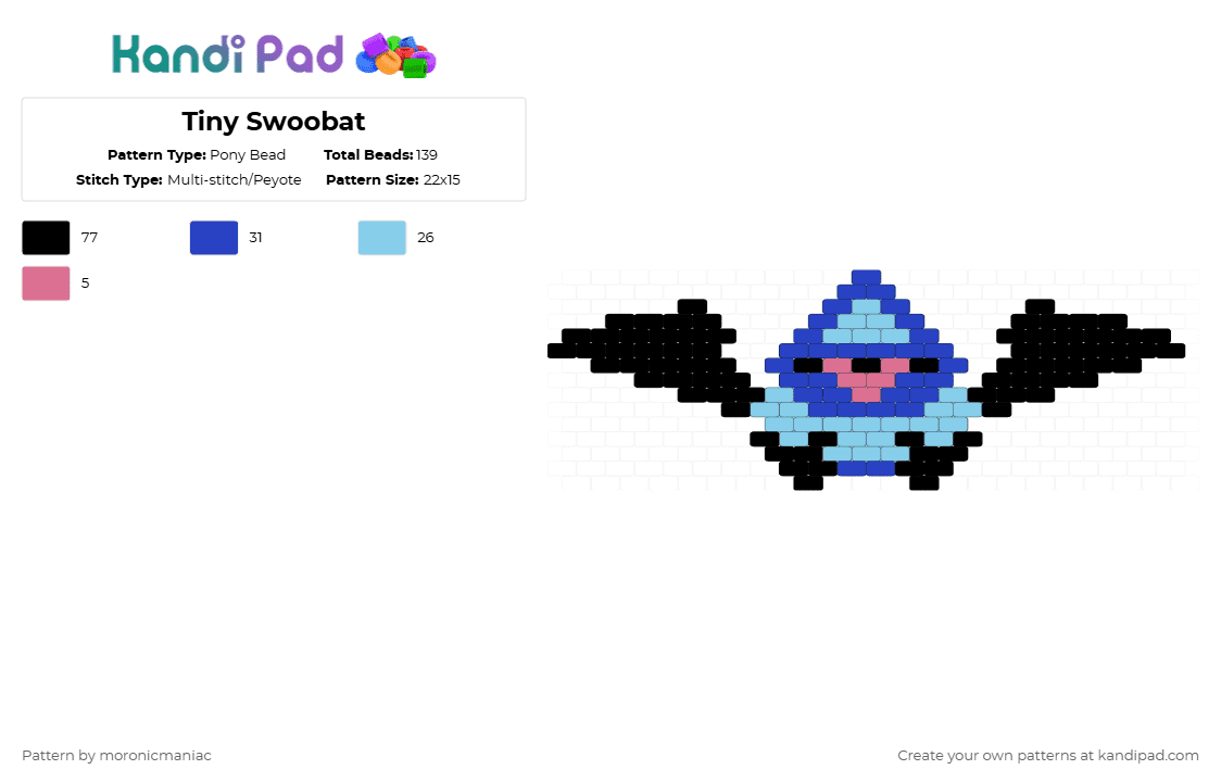 Tiny Swoobat - Pony Bead Pattern by moronicmaniac on Kandi Pad - bat, black, light blue, pokemon, purple, unova