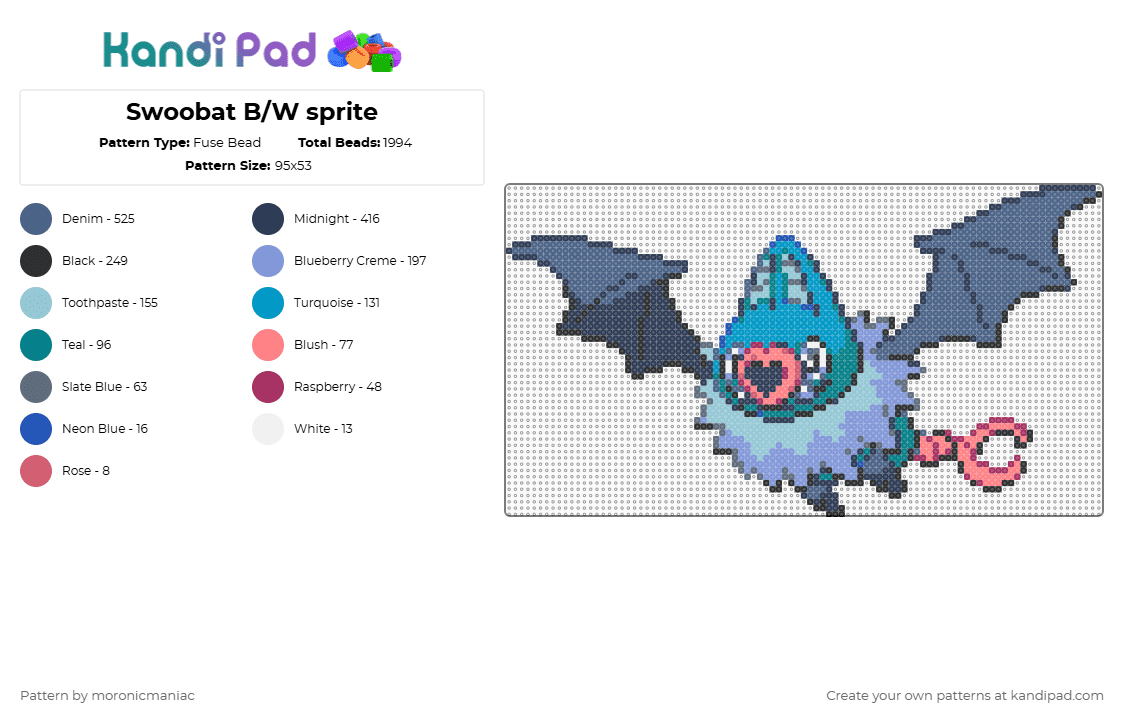 Swoobat B/W sprite - Fuse Bead Pattern by moronicmaniac on Kandi Pad - purple,blue,light blue,pokemon,pokemon black and white,bat,unova