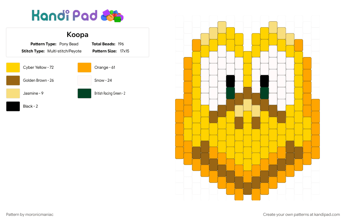 Koopa - Pony Bead Pattern by moronicmaniac on Kandi Pad - mario, nintendo, super mario bros, troopa, turtle, yellow