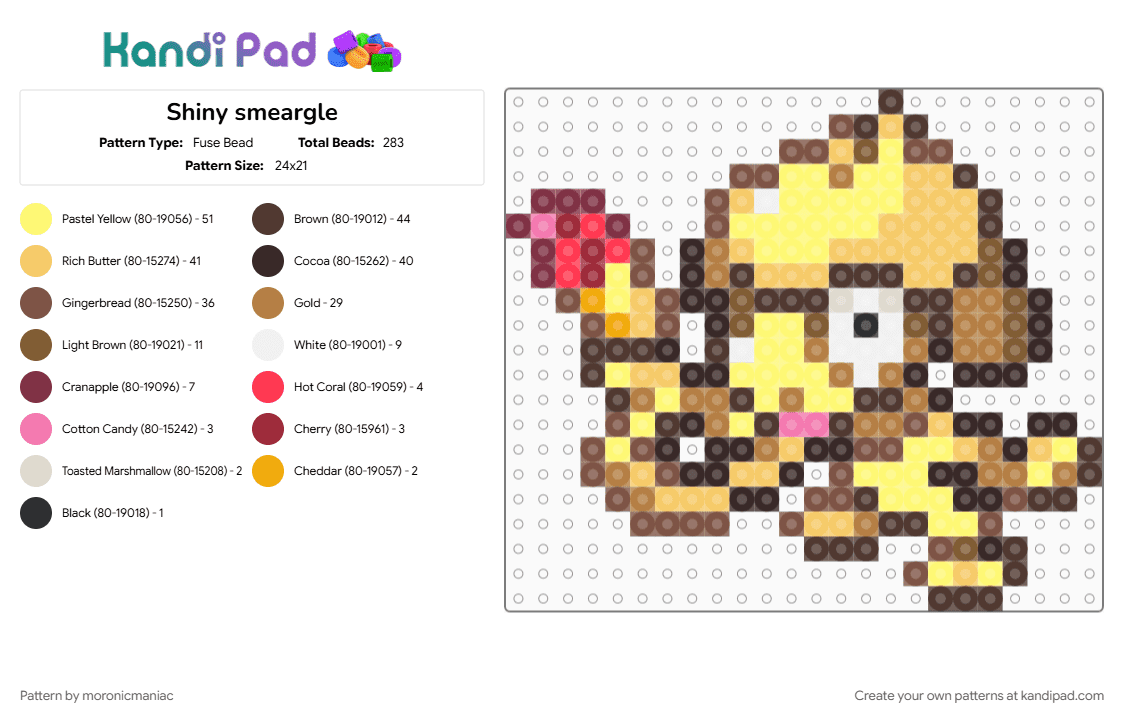 Shiny smeargle - Fuse Bead Pattern by moronicmaniac on Kandi Pad - brown, gaming, hgss, johto, painter, pokemon, pokemon gold and silver, shiny, tan, yellow