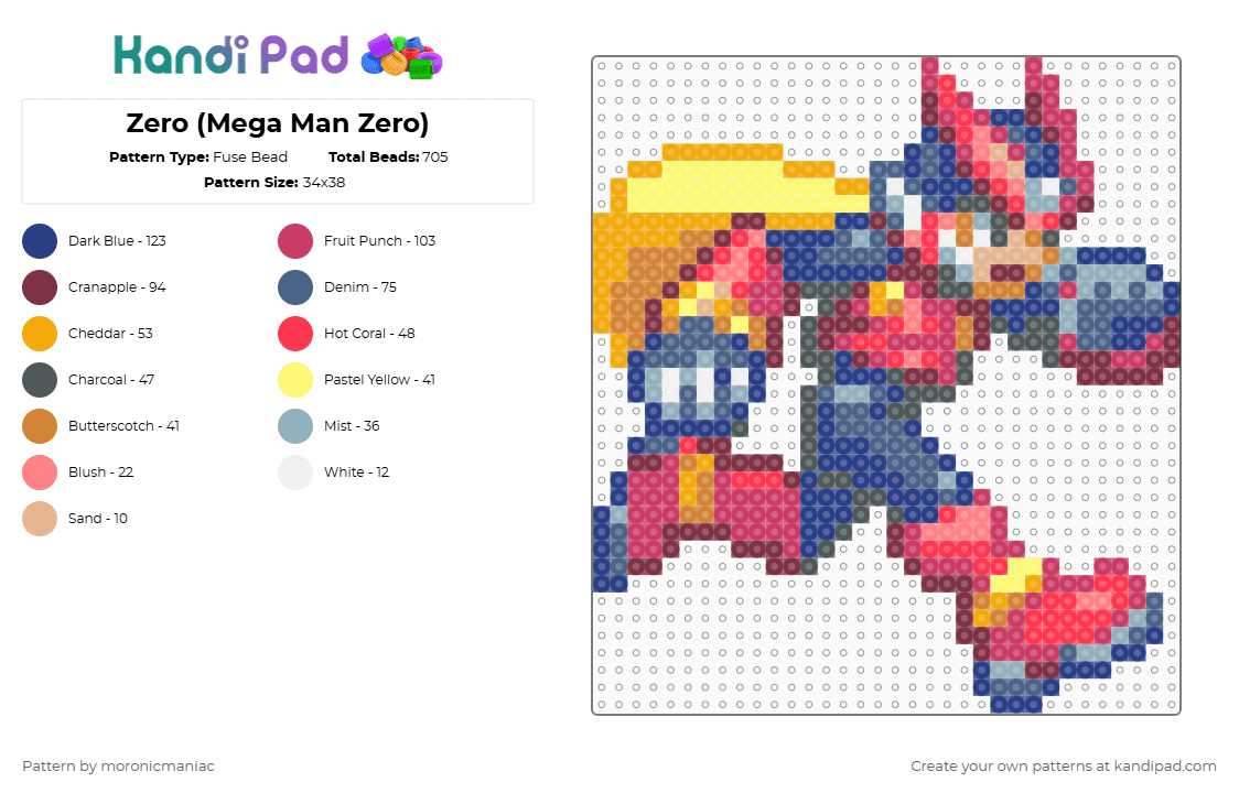 Zero (Mega Man Zero) - Fuse Bead Pattern by moronicmaniac on Kandi Pad - blue, brown, mega man, mega man zero, megaman, mmz, orange, pink