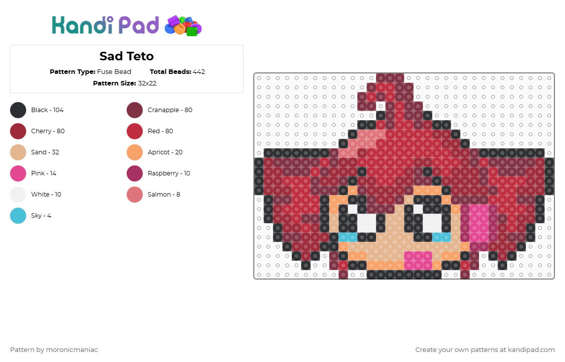 Sad Teto - Fuse Bead Pattern by moronicmaniac on Kandi Pad - brown,red,teto,kasane teto,utau,vocaloid,sad