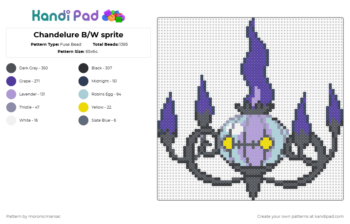 Chandelure B/W sprite - Fuse Bead Pattern by moronicmaniac on Kandi Pad - gray, pokemon, pokemon black and white, purple, unova