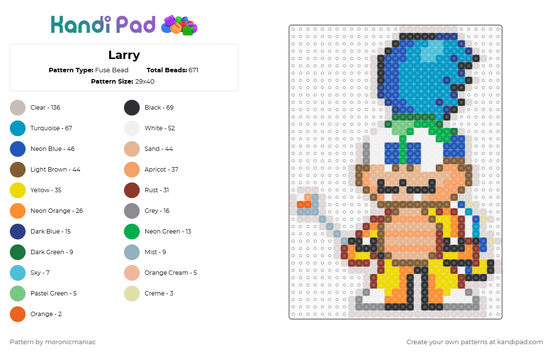 Larry - Fuse Bead Pattern by moronicmaniac on Kandi Pad - orange,beige,blue,light blue,mario,super mario,nintendo,turtle,koopaling