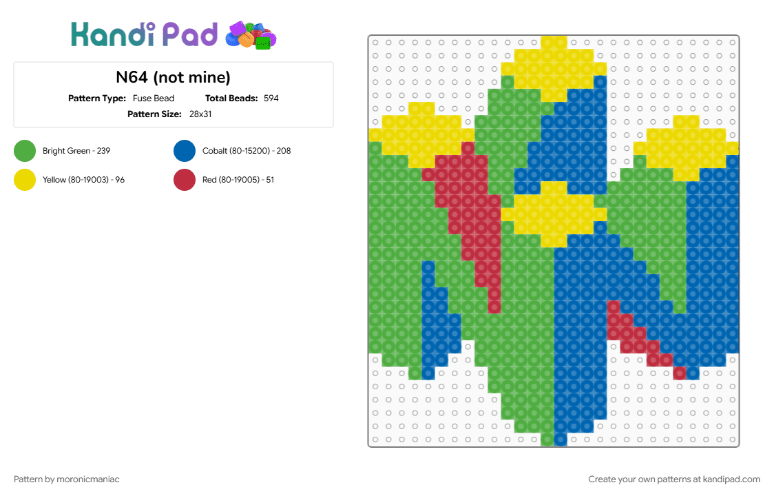 N64 (not mine) - Fuse Bead Pattern by moronicmaniac on Kandi Pad - blue, console, gaming, green, logo, nintendo, nintendo 64, retro