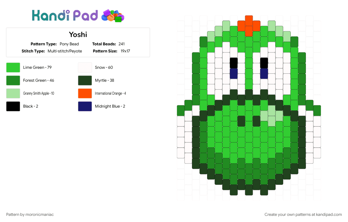 Yoshi - Pony Bead Pattern by moronicmaniac on Kandi Pad - dinosaur, green, mario, nintendo, super mario bros