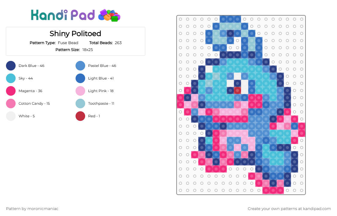 Shiny Politoed - Fuse Bead Pattern by moronicmaniac on Kandi Pad - pink,blue,light blue,pokemon,shiny pokemon,froggy,johto