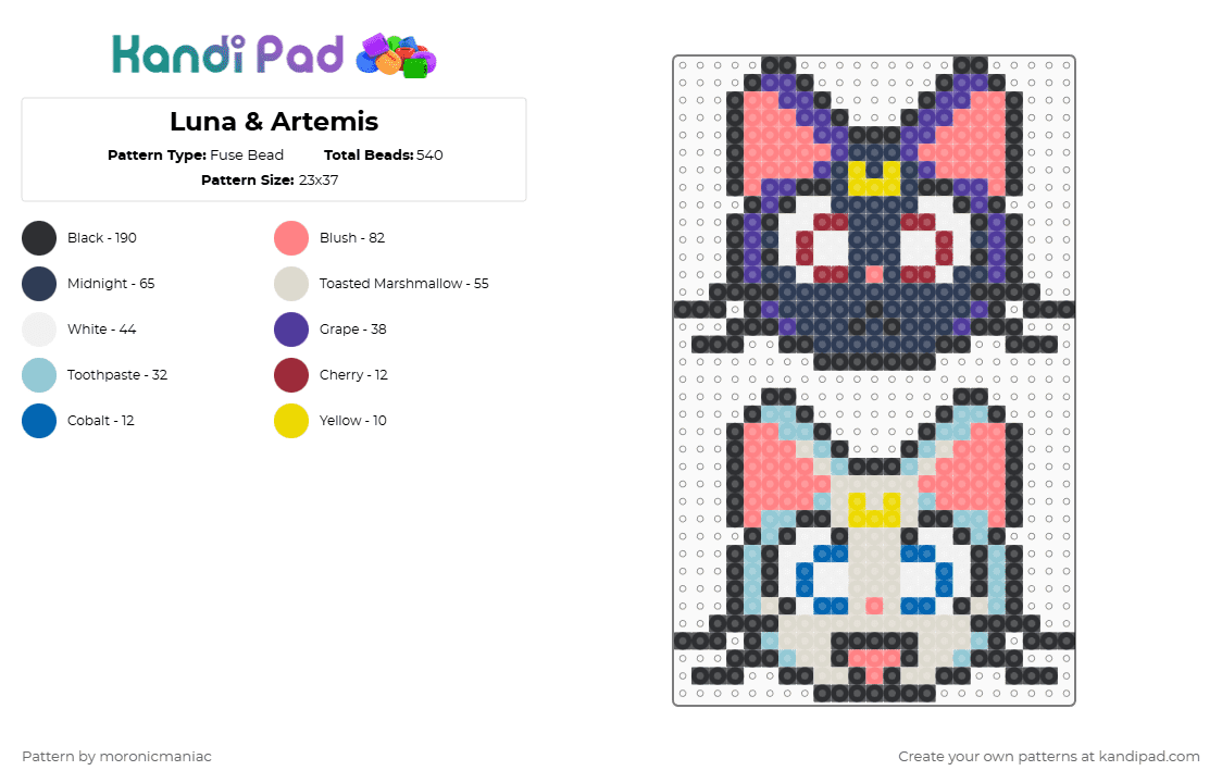 Luna & Artemis - Fuse Bead Pattern by moronicmaniac on Kandi Pad - purple,red,beige,sailor moon,cat,anime