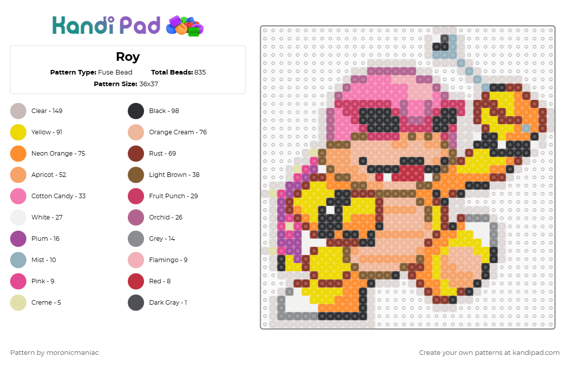 Roy - Fuse Bead Pattern by moronicmaniac on Kandi Pad - beige, koopaling, mario, orange, pink, super mario, turtle, yellow