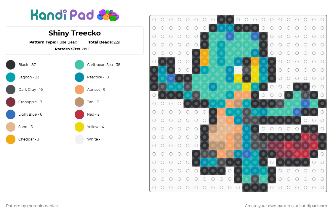 Shiny Treecko - Fuse Bead Pattern by moronicmaniac on Kandi Pad - gray,teal,shiny,pokemon,hoenn